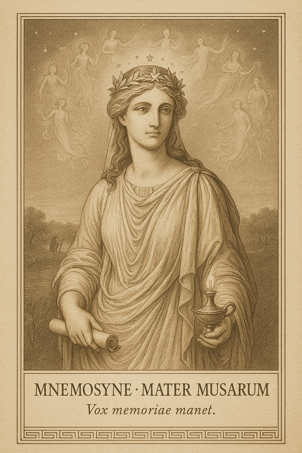 Mnemosyne, Mutter der Musen, als neoklassische Sepia-Radierung; neun Musen im Hintergrund; Schriftrolle und Öllampe; Sternenhimmel über einem Flussufer; ferne Lyra-Gestalt.