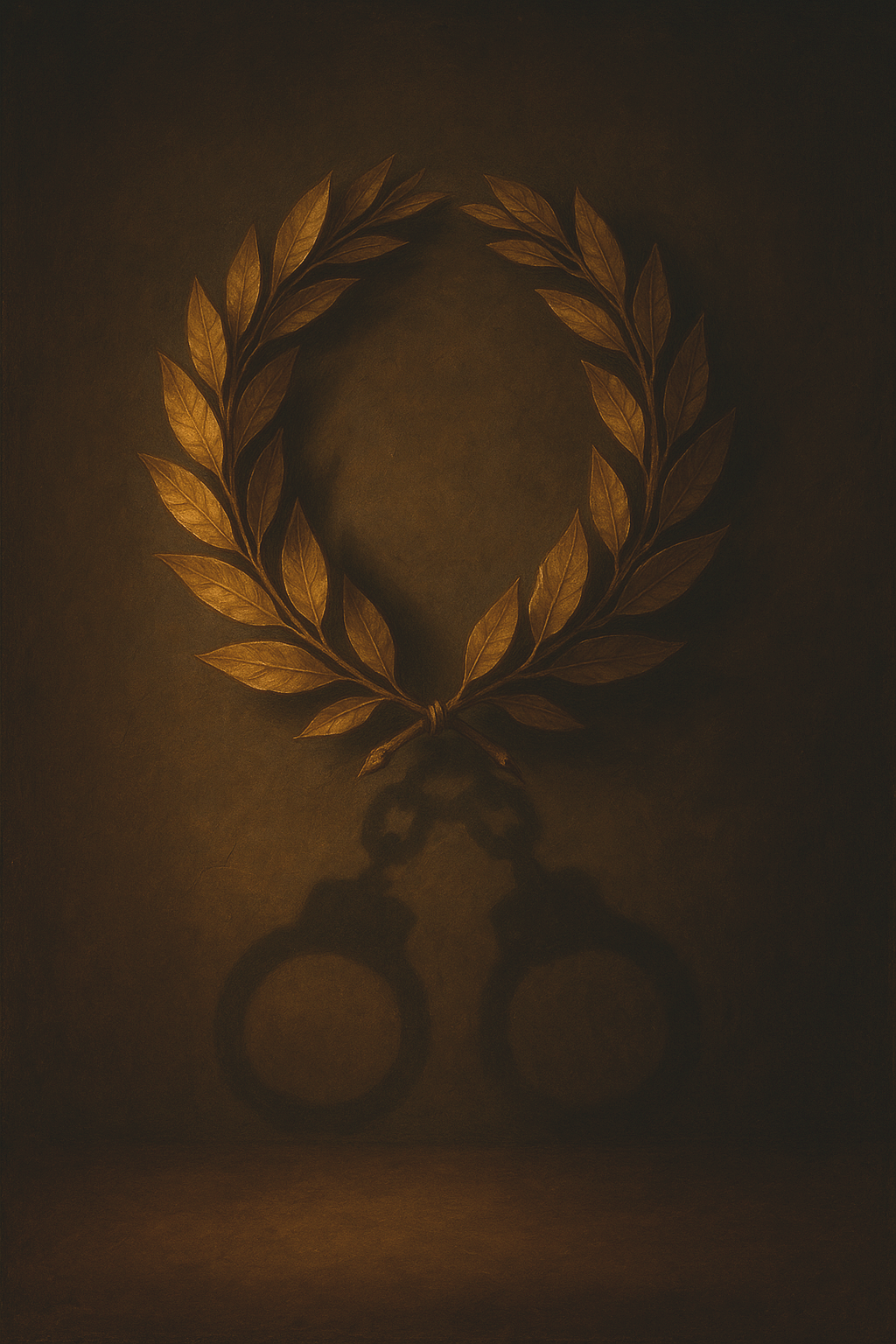 Goldener Lorbeerkranz an brauner Wand; das Licht wirft darunter den Schatten von Handschellen. Warmes, dramatisches Licht.