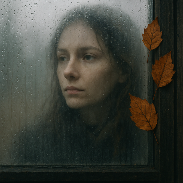 Regennasses Fenster mit Herbstblättern, dahinter ein nachdenkliches Frauengesicht