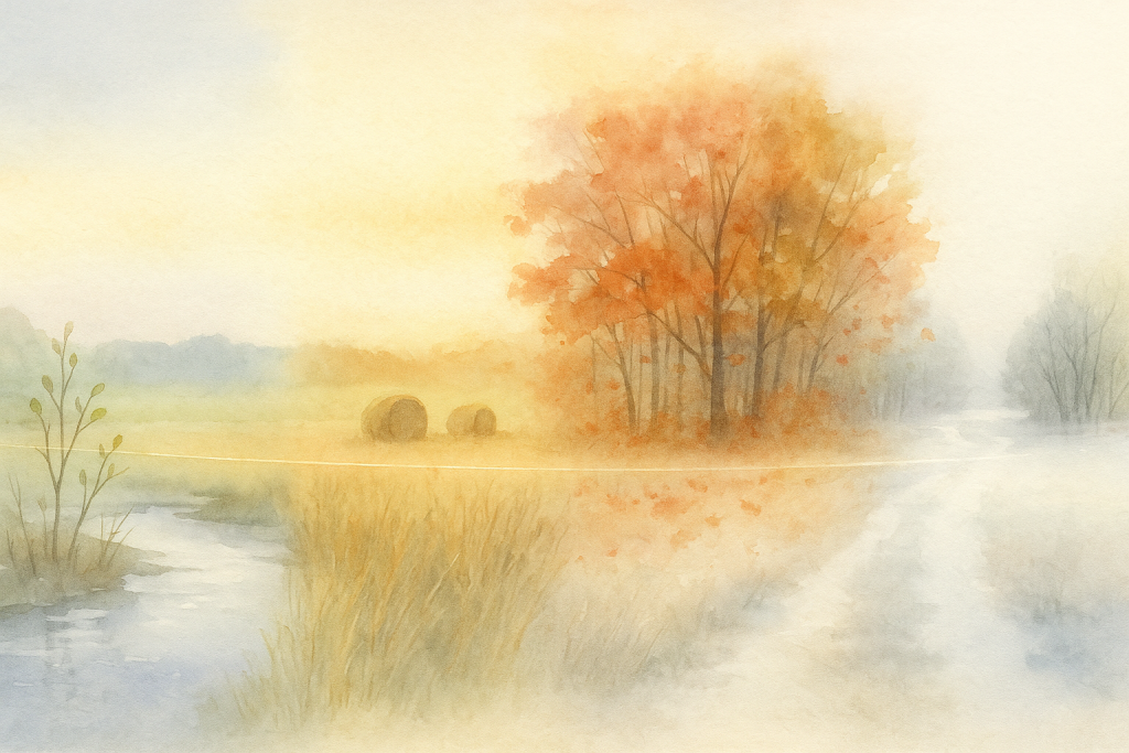Panorama-Aquarell: Frühling am Bach, Sommerfelder mit Heuballen, Herbstbäume in Orange, rechts verschneiter Weg; ein Lichtfaden verbindet alles.