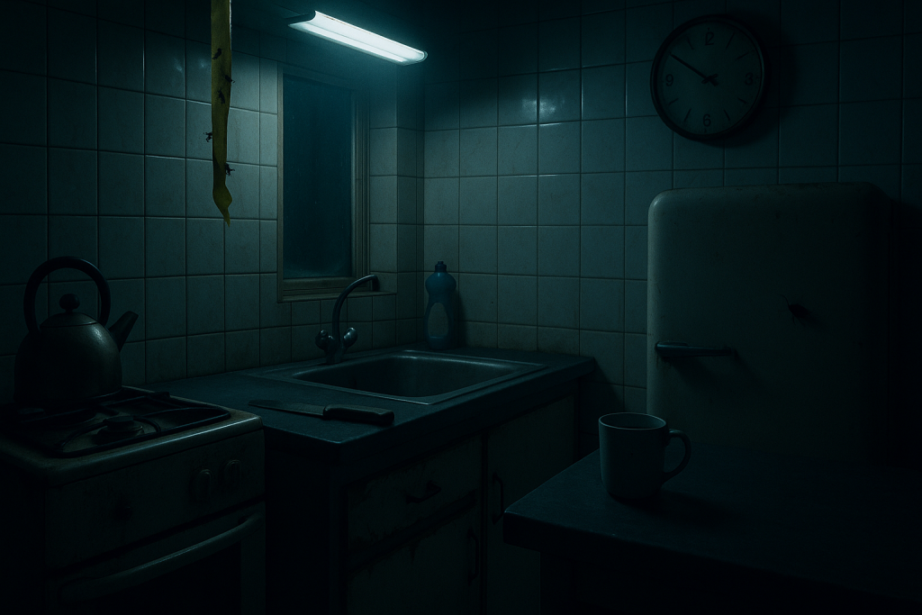 Nachtküche im kalten Deckenlicht: Fliegenfalle als Klebespirale, beschlagenes Fenster, Messer am Beckenrand, Tasse mit braunem Ring; zwei Schaben (Kühlschrank, Tasse).