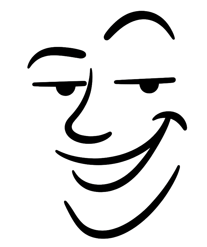 Spöttisch lächelndes, minimalistisches Liniengesicht auf grauem Hintergrund; halb geschlossene Lider, hochgezogene Braue.