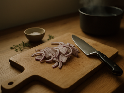 Fein geschnittene rote Zwiebeln und Kochmesser auf Holzbrett; dahinter Salzschale, etwas Thymian und ein dampfender Topf im warmen Küchenlicht