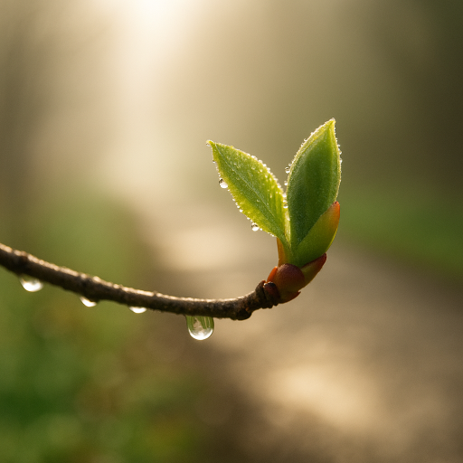 Junges Blatt im Gegenlicht; nasser Weg, zartes Grün am Rand, weich verschwommen.