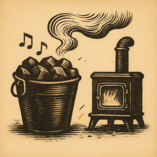 Schwarzer Kohleeimer neben gusseisernem Ofen; dünner Rauch steigt im Schornstein, Funken verglimmen.