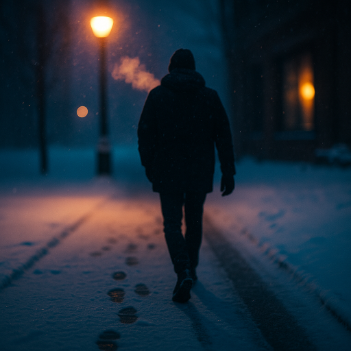 Verschneiter Gehweg im Abendlicht; sichtbarer Atem, Salzrand am Straßenrand.“