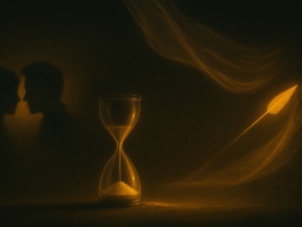 Schlanke Sanduhr im Halbdunkel; rechts ein leuchtender Amor-Pfeil, links zwei sich berührende Silhouetten; ein halbtransparenter Schleier zieht durchs Bild, feiner Staub glitzert im Lichtkegel.