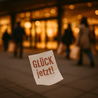 Ein vom Wind erfasster Flyer mit Aufdruck „GLÜCK jetzt!“ vor einem Einkaufszentrum; unscharfe Passanten tragen Tüten im Hintergrund.