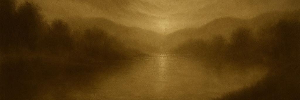 Nebelnder Fluss bei Dämmerung; ruhige Wasserfläche, sanfter Horizontglanz, ferne Hügelsilhouetten.